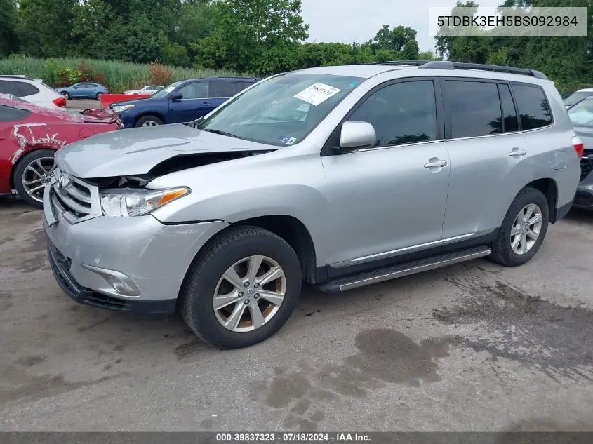 2011 Toyota Highlander Base V6 VIN: 5TDBK3EH5BS092984 Lot: 39837323