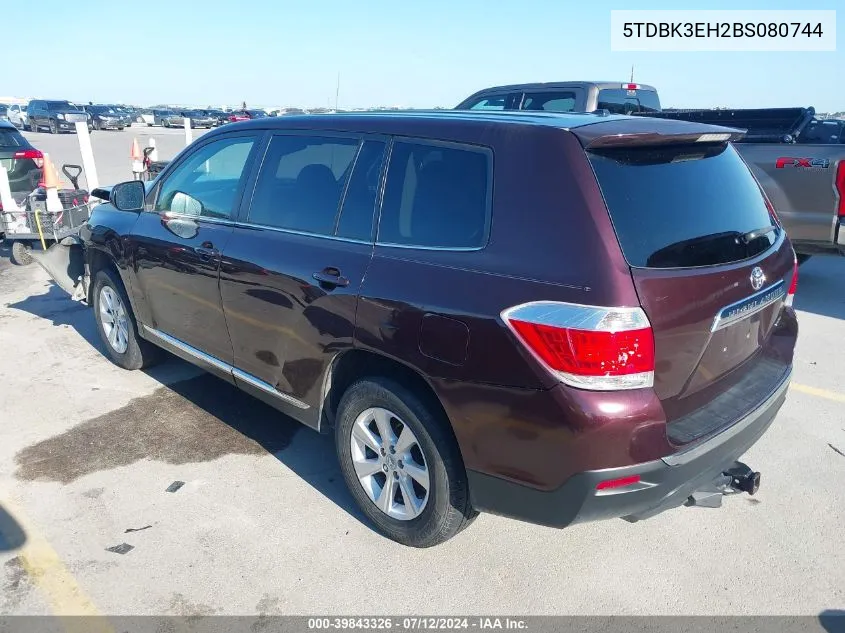 2011 Toyota Highlander Base V6 VIN: 5TDBK3EH2BS080744 Lot: 39843326