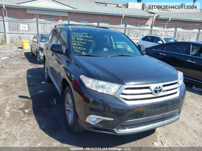 2012 Toyota Highlander Se VIN: 5TDBK3EH4CS113504 Lot: 12090586