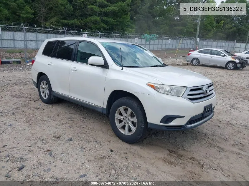 2012 Toyota Highlander Base V6 VIN: 5TDBK3EH3CS136322 Lot: 39754872