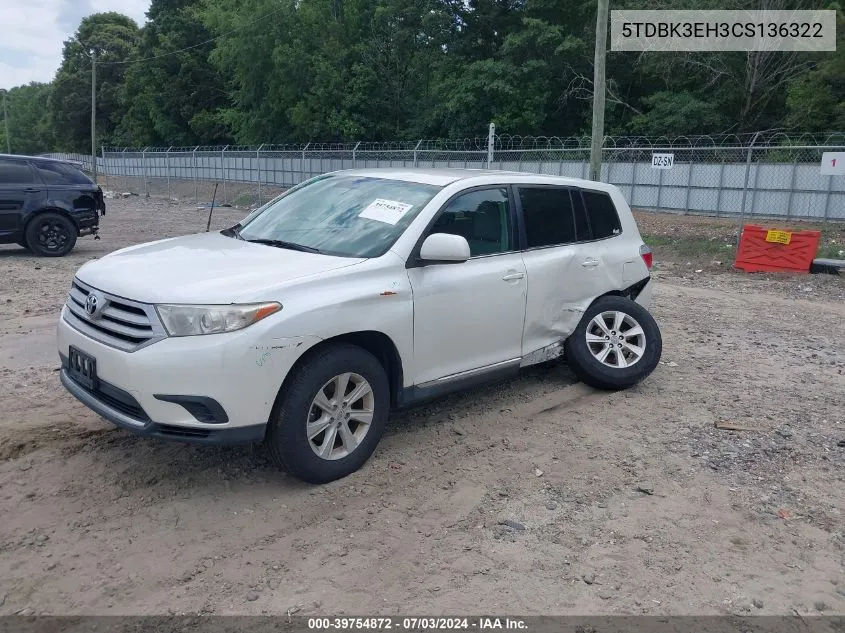 2012 Toyota Highlander Base V6 VIN: 5TDBK3EH3CS136322 Lot: 39754872