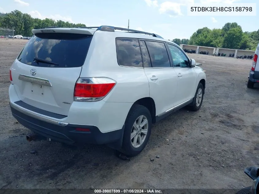 2012 Toyota Highlander Se V6 VIN: 5TDBK3EH8CS158798 Lot: 39807599