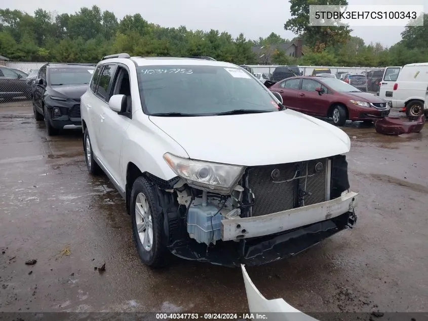 2012 Toyota Highlander Se V6 VIN: 5TDBK3EH7CS100343 Lot: 40347753