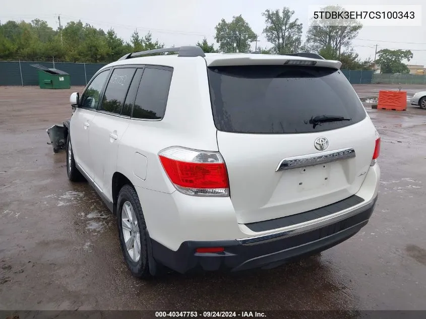 2012 Toyota Highlander Se V6 VIN: 5TDBK3EH7CS100343 Lot: 40347753