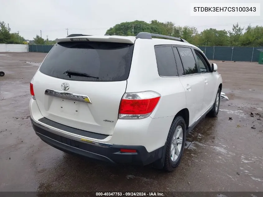 2012 Toyota Highlander Se V6 VIN: 5TDBK3EH7CS100343 Lot: 40347753