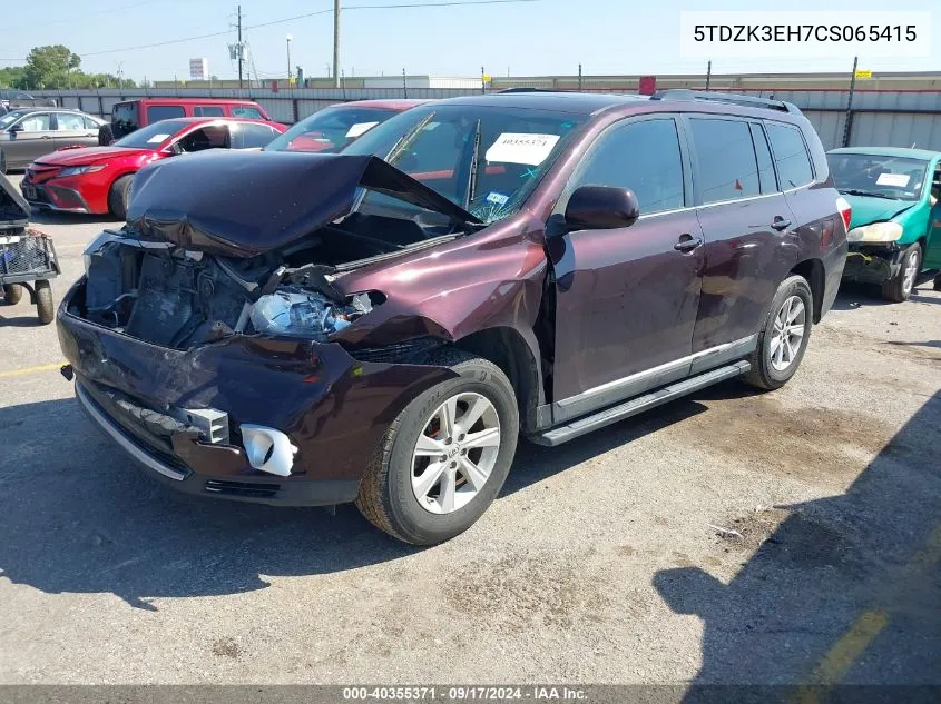 2012 Toyota Highlander Se V6 VIN: 5TDZK3EH7CS065415 Lot: 40355371