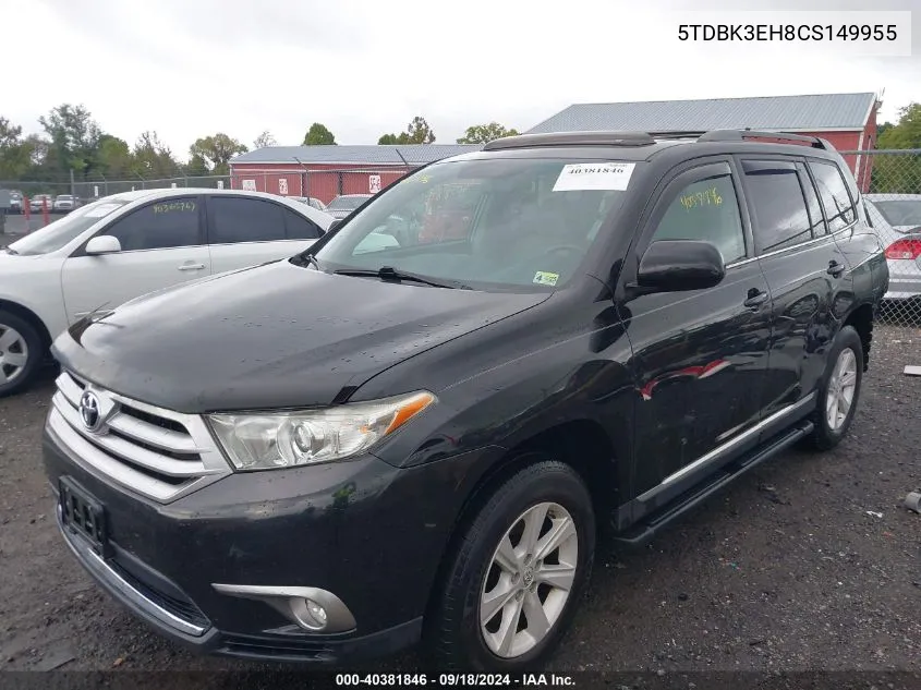 2012 Toyota Highlander Se V6 VIN: 5TDBK3EH8CS149955 Lot: 40381846