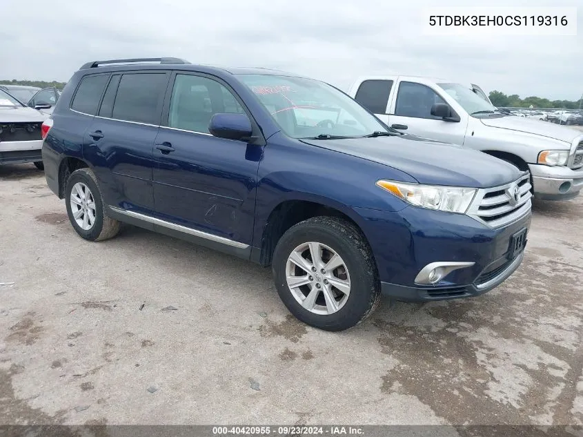 2012 Toyota Highlander Se V6 VIN: 5TDBK3EH0CS119316 Lot: 40420955