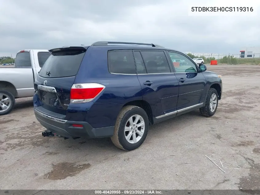 2012 Toyota Highlander Se V6 VIN: 5TDBK3EH0CS119316 Lot: 40420955