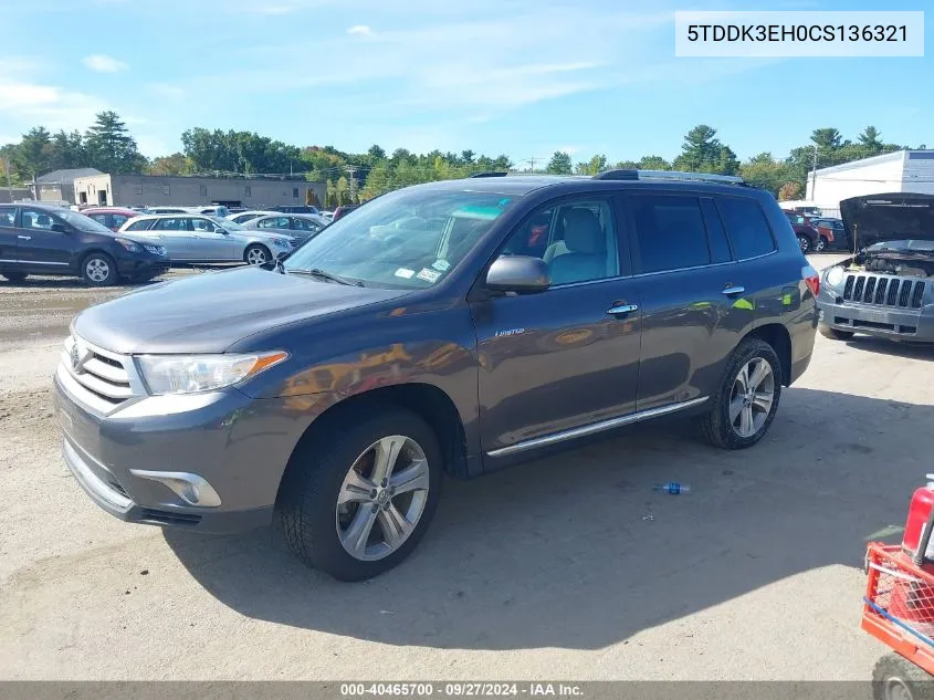 2012 Toyota Highlander Limited V6 VIN: 5TDDK3EH0CS136321 Lot: 40465700