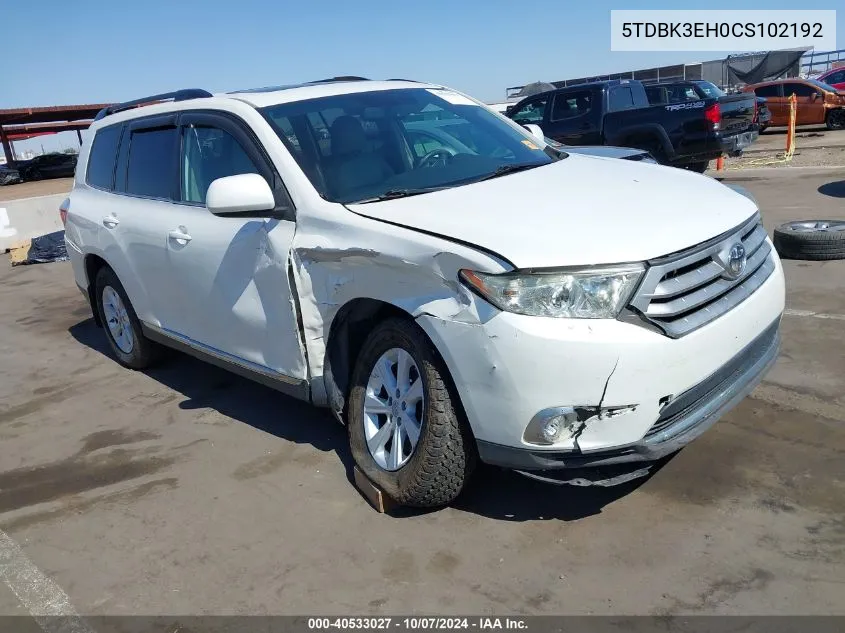 2012 Toyota Highlander Se V6 VIN: 5TDBK3EH0CS102192 Lot: 40533027