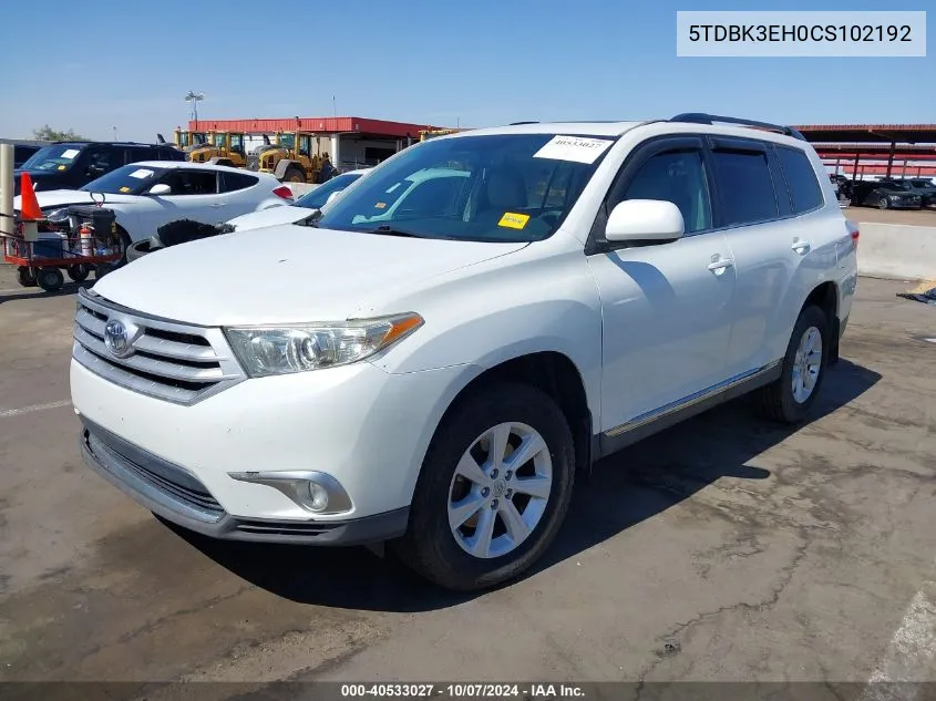 2012 Toyota Highlander Se V6 VIN: 5TDBK3EH0CS102192 Lot: 40533027