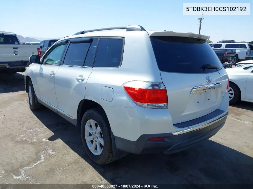 2012 Toyota Highlander Se V6 VIN: 5TDBK3EH0CS102192 Lot: 40533027