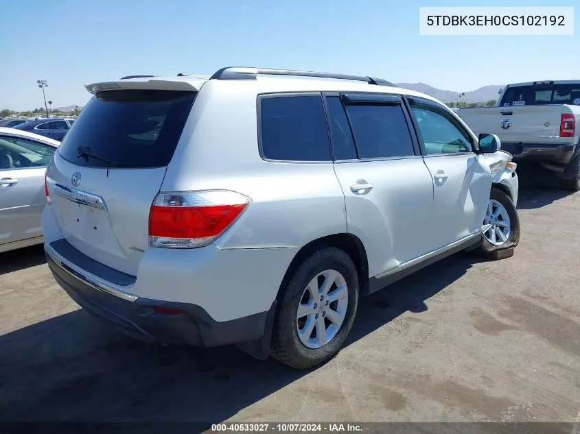 2012 Toyota Highlander Se V6 VIN: 5TDBK3EH0CS102192 Lot: 40533027