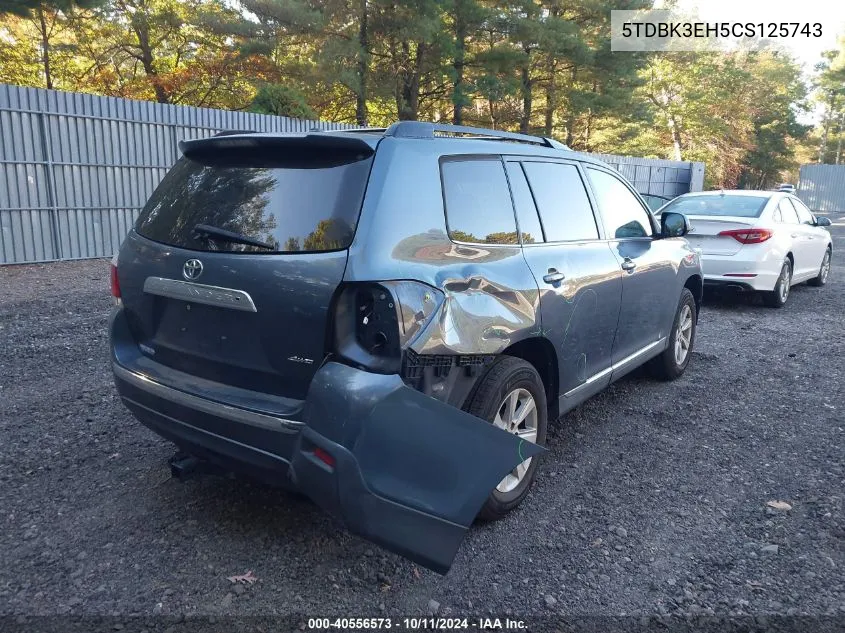 2012 Toyota Highlander Base V6 VIN: 5TDBK3EH5CS125743 Lot: 40556573