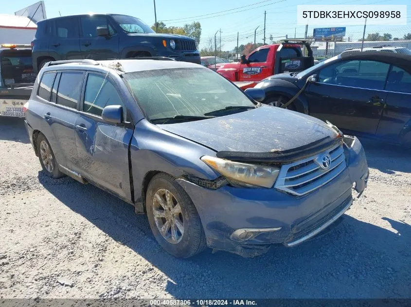 2012 Toyota Highlander Se VIN: 5TDBK3EHXCS098958 Lot: 40587306