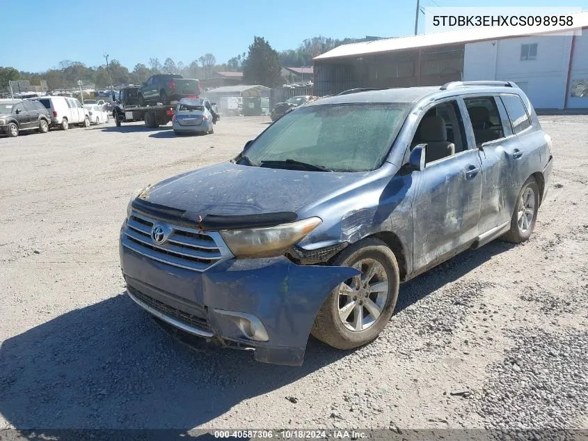 2012 Toyota Highlander Se VIN: 5TDBK3EHXCS098958 Lot: 40587306