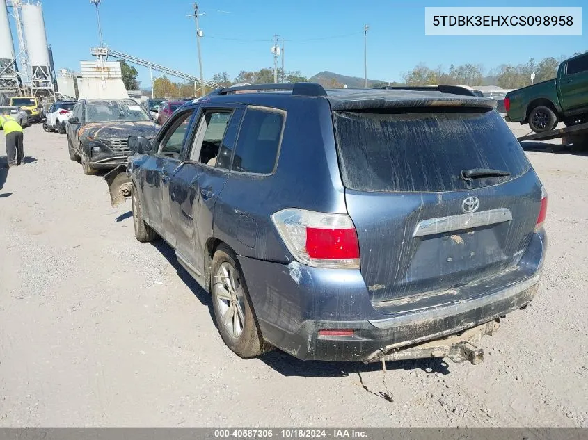 2012 Toyota Highlander Se VIN: 5TDBK3EHXCS098958 Lot: 40587306