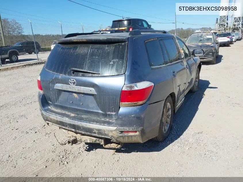 2012 Toyota Highlander Se VIN: 5TDBK3EHXCS098958 Lot: 40587306