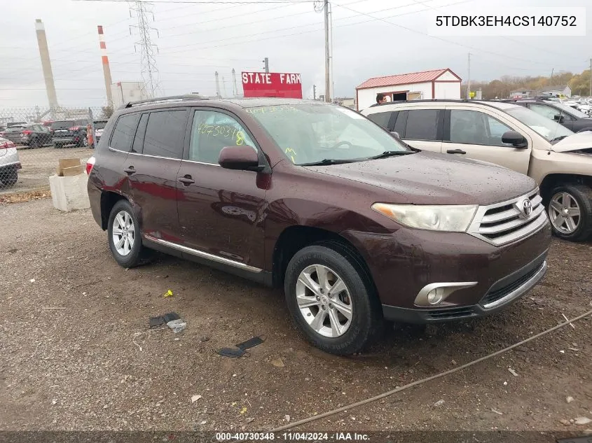 2012 Toyota Highlander Se V6 VIN: 5TDBK3EH4CS140752 Lot: 40730348