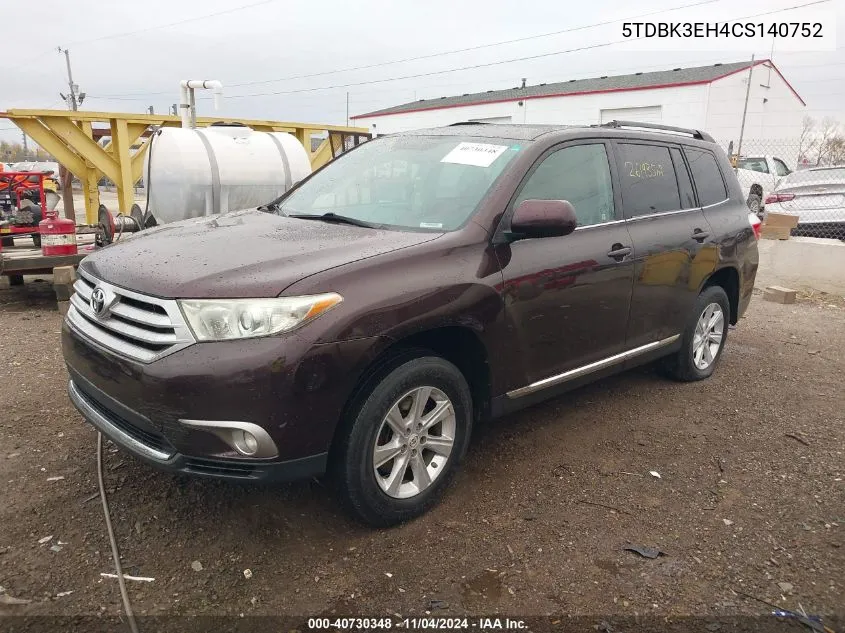 2012 Toyota Highlander Se V6 VIN: 5TDBK3EH4CS140752 Lot: 40730348