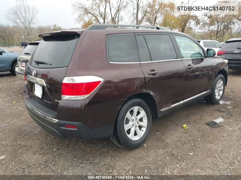 2012 Toyota Highlander Se V6 VIN: 5TDBK3EH4CS140752 Lot: 40730348