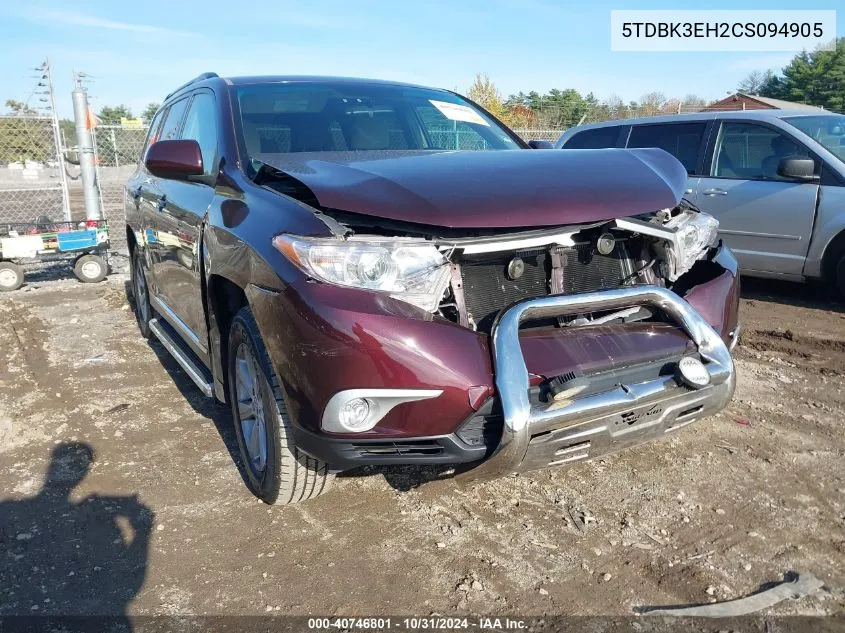 2012 Toyota Highlander Se VIN: 5TDBK3EH2CS094905 Lot: 40746801