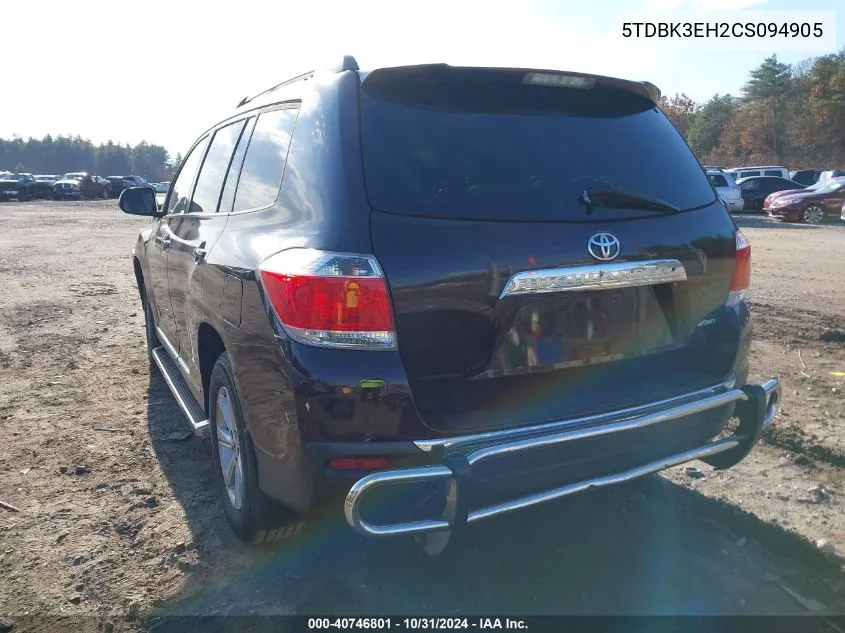 2012 Toyota Highlander Se VIN: 5TDBK3EH2CS094905 Lot: 40746801