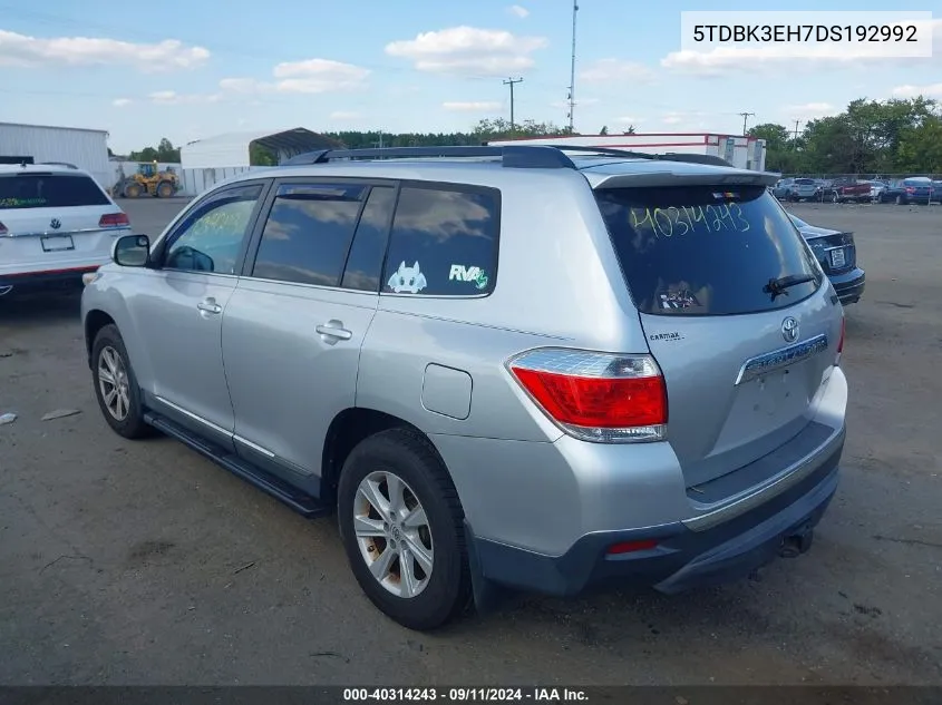 2013 Toyota Highlander Base Plus V6 VIN: 5TDBK3EH7DS192992 Lot: 40314243