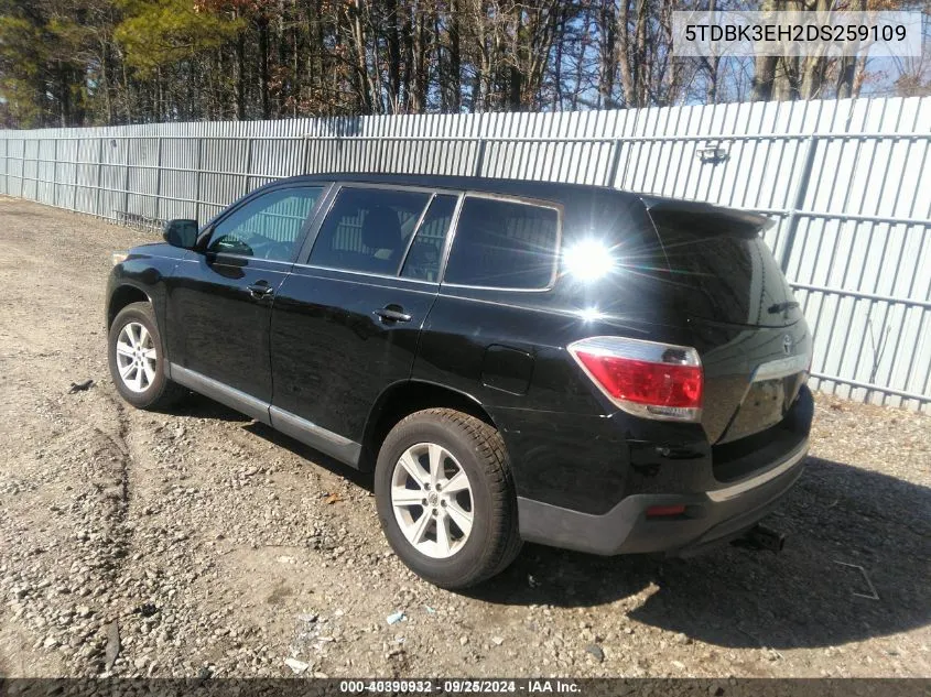 2013 Toyota Highlander Base V6 VIN: 5TDBK3EH2DS259109 Lot: 40390932