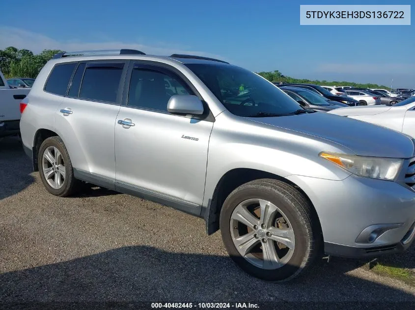 2013 Toyota Highlander Limited V6 VIN: 5TDYK3EH3DS136722 Lot: 40482445