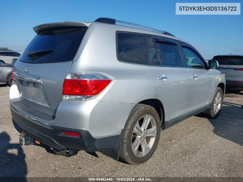 2013 Toyota Highlander Limited V6 VIN: 5TDYK3EH3DS136722 Lot: 40482445