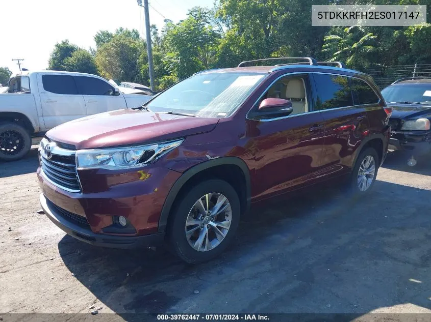 2014 Toyota Highlander Xle V6 VIN: 5TDKKRFH2ES017147 Lot: 39762447