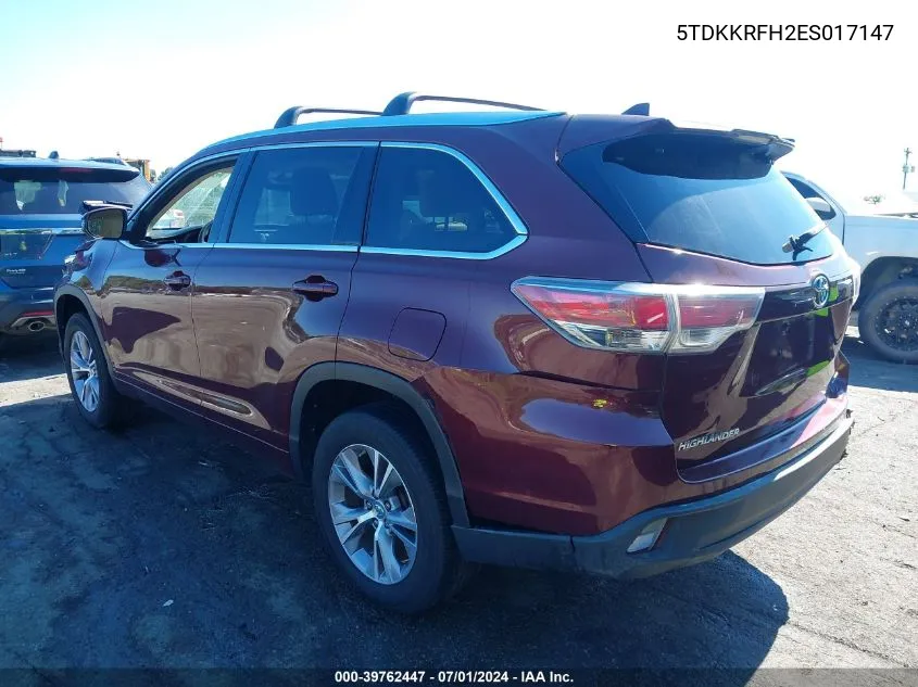 2014 Toyota Highlander Xle V6 VIN: 5TDKKRFH2ES017147 Lot: 39762447