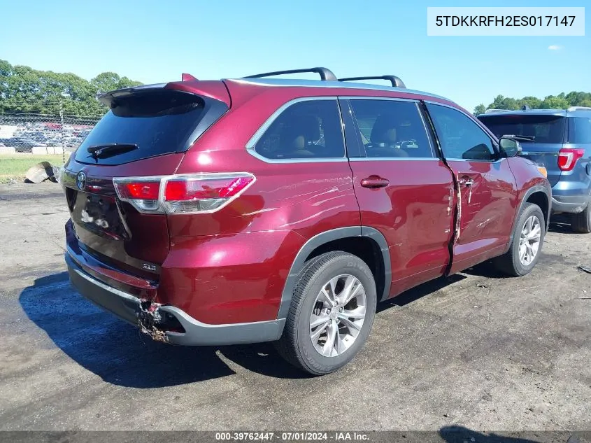 2014 Toyota Highlander Xle V6 VIN: 5TDKKRFH2ES017147 Lot: 39762447