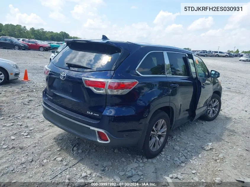 2014 Toyota Highlander Xle V6 VIN: 5TDJKRFH2ES030931 Lot: 39997992