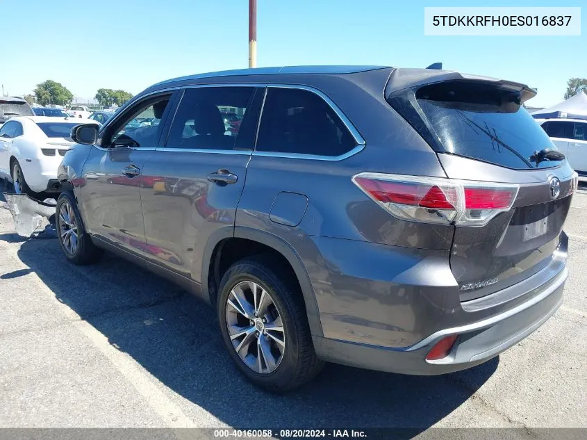 2014 Toyota Highlander Xle V6 VIN: 5TDKKRFH0ES016837 Lot: 40160058