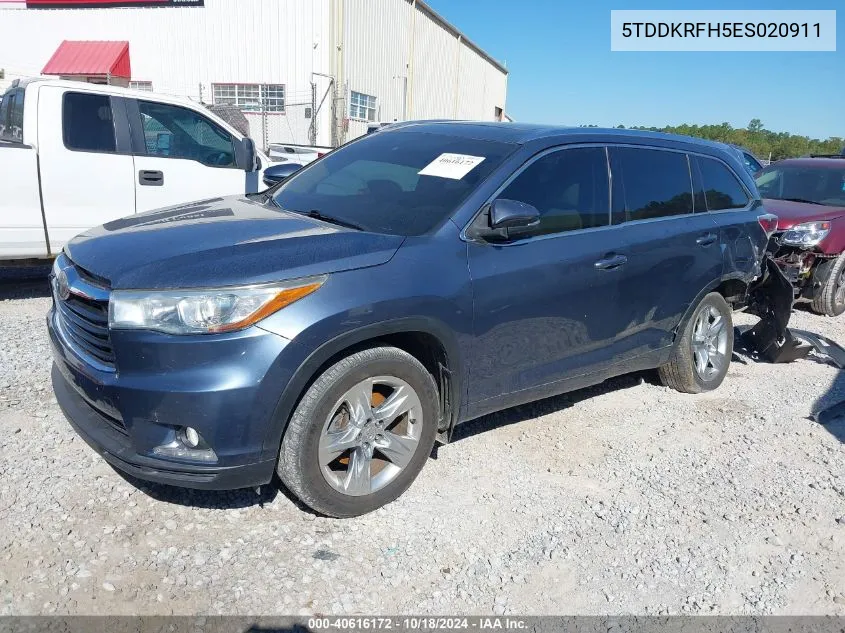 2014 Toyota Highlander Limited Platinum V6 VIN: 5TDDKRFH5ES020911 Lot: 40616172