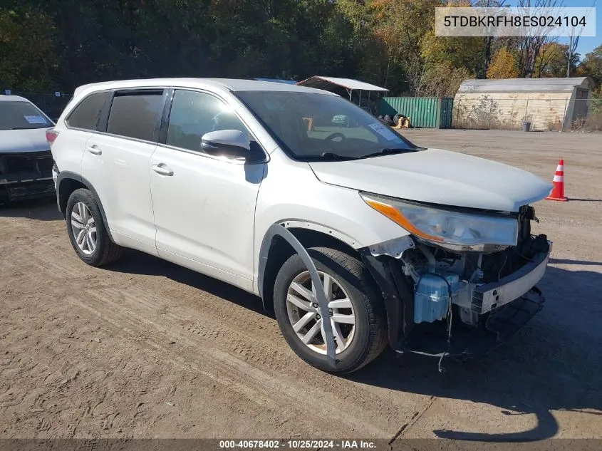 2014 Toyota Highlander Le V6 VIN: 5TDBKRFH8ES024104 Lot: 40678402