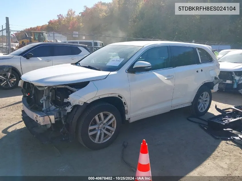 2014 Toyota Highlander Le V6 VIN: 5TDBKRFH8ES024104 Lot: 40678402