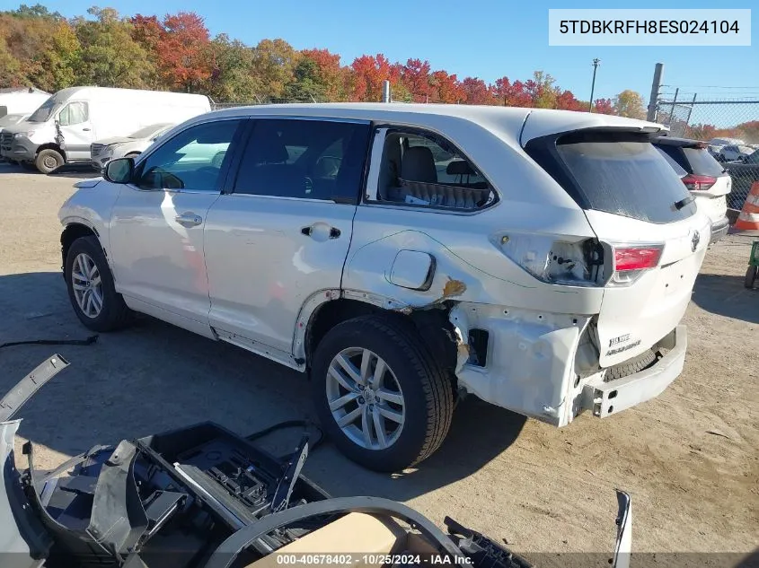 2014 Toyota Highlander Le V6 VIN: 5TDBKRFH8ES024104 Lot: 40678402