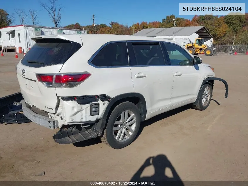 2014 Toyota Highlander Le V6 VIN: 5TDBKRFH8ES024104 Lot: 40678402