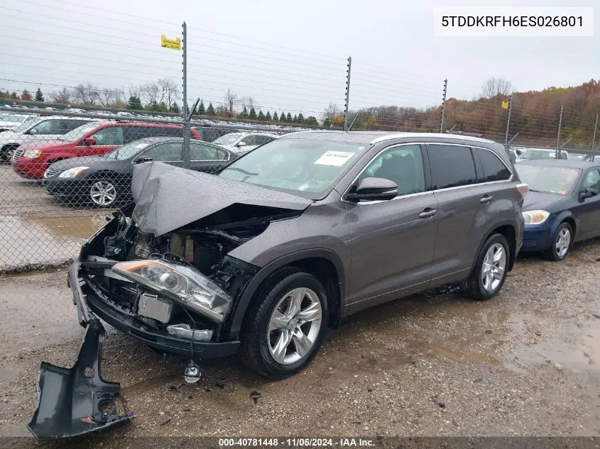 2014 Toyota Highlander Limited V6 VIN: 5TDDKRFH6ES026801 Lot: 40781448