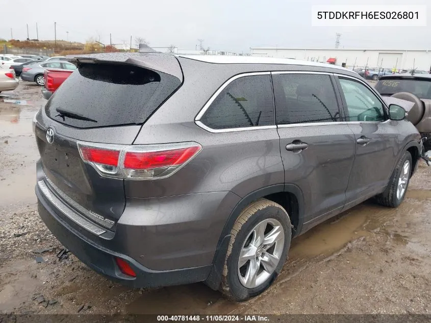 2014 Toyota Highlander Limited V6 VIN: 5TDDKRFH6ES026801 Lot: 40781448