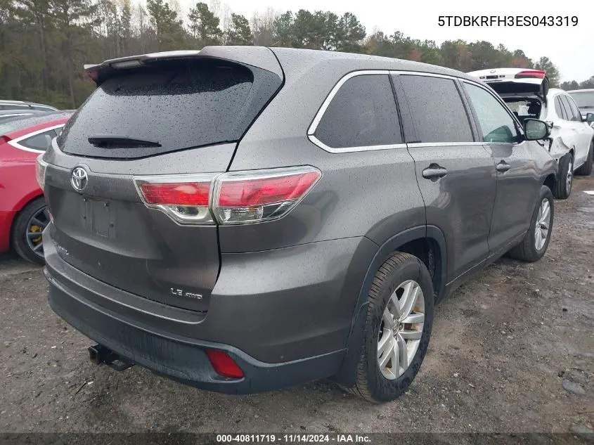 2014 Toyota Highlander Le V6 VIN: 5TDBKRFH3ES043319 Lot: 40811719