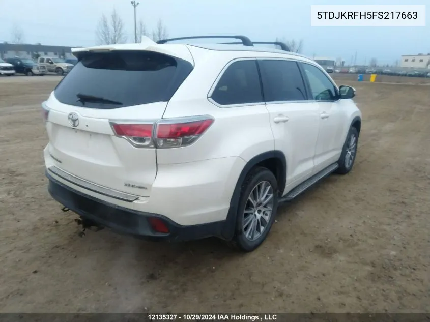 2015 Toyota Highlander Xle VIN: 5TDJKRFH5FS217663 Lot: 12135327