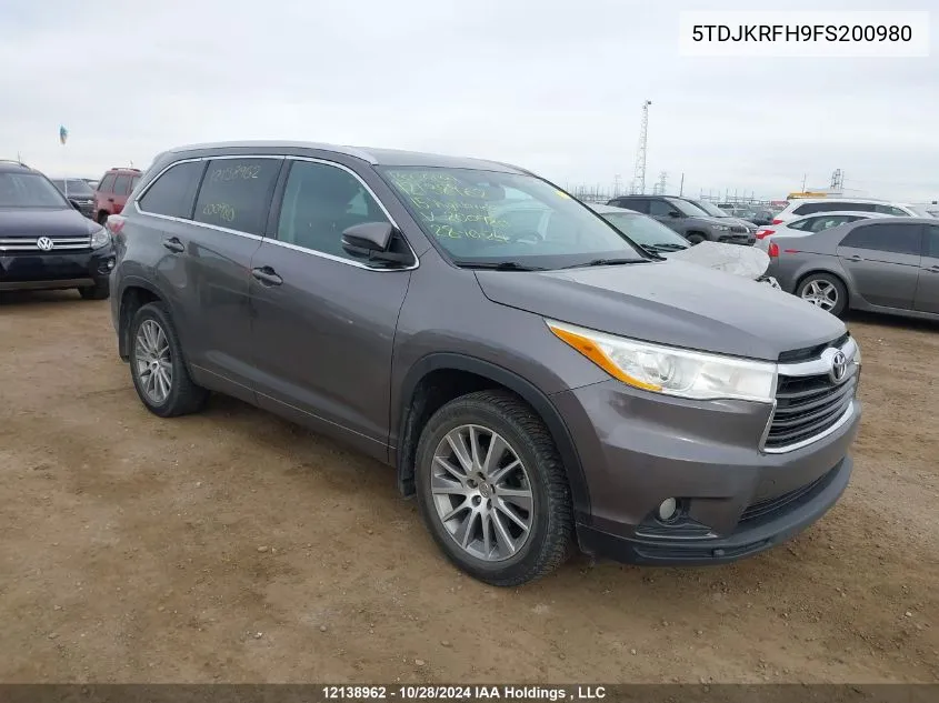 2015 Toyota Highlander Xle VIN: 5TDJKRFH9FS200980 Lot: 12138962