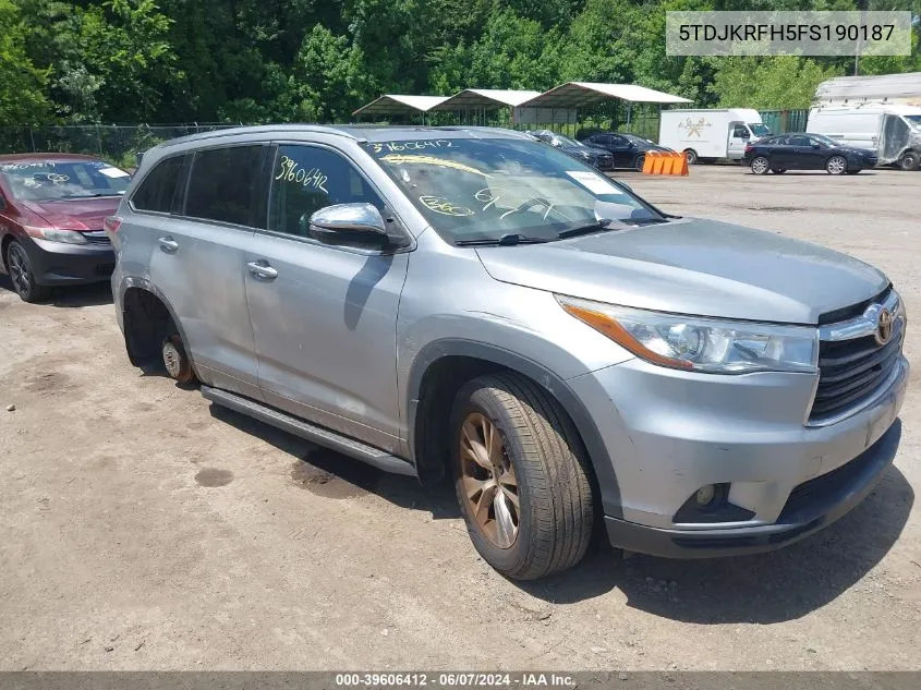 2015 Toyota Highlander Xle V6 VIN: 5TDJKRFH5FS190187 Lot: 39606412