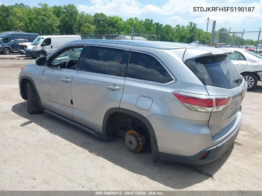 2015 Toyota Highlander Xle V6 VIN: 5TDJKRFH5FS190187 Lot: 39606412