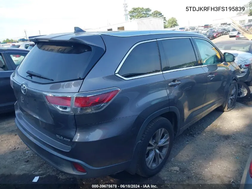 2015 Toyota Highlander Xle V6 VIN: 5TDJKRFH3FS195839 Lot: 39675678